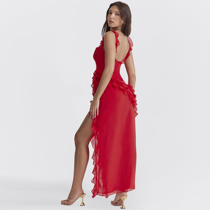 Backless Ruffle Split Gown