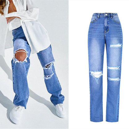 High Waist Straight Ripped Jeans