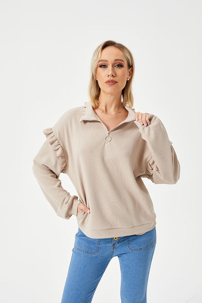 Casual Ruffle Trim Half Zip Sweater