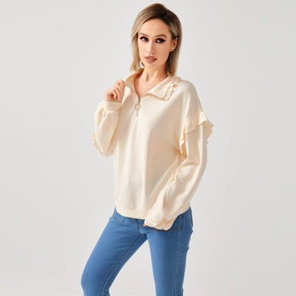 Casual Ruffle Trim Half Zip Sweater