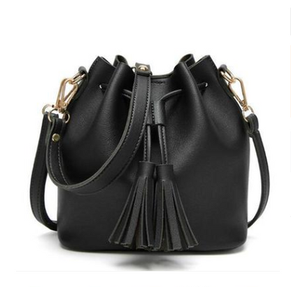 Leather Bucket Tassel Drawstring Shoulder Bag