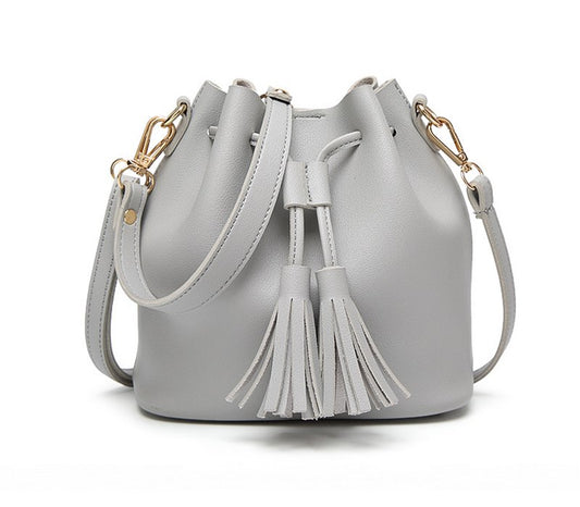 Leather Bucket Tassel Drawstring Shoulder Bag