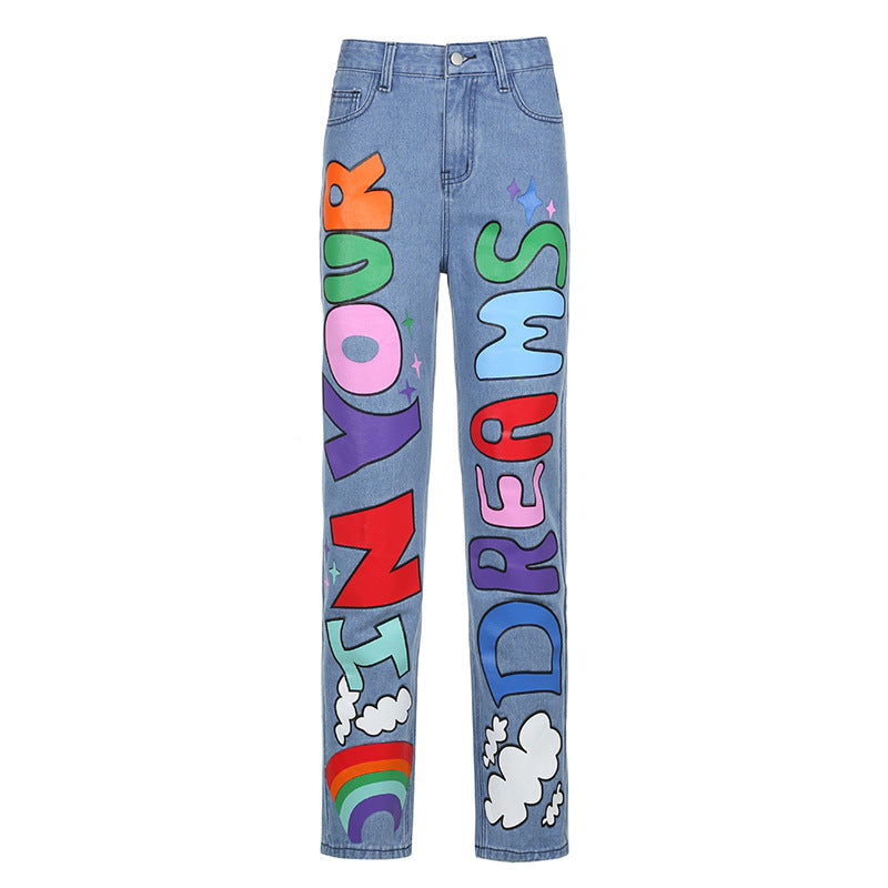 Contrast Color Letters Graffiti Print Loose Jeans