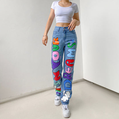 Contrast Color Letters Graffiti Print Loose Jeans