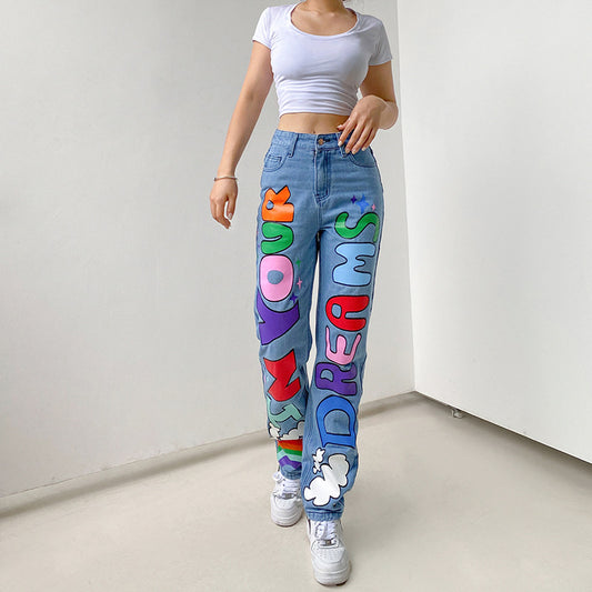 Contrast Color Letters Graffiti Print Loose Jeans