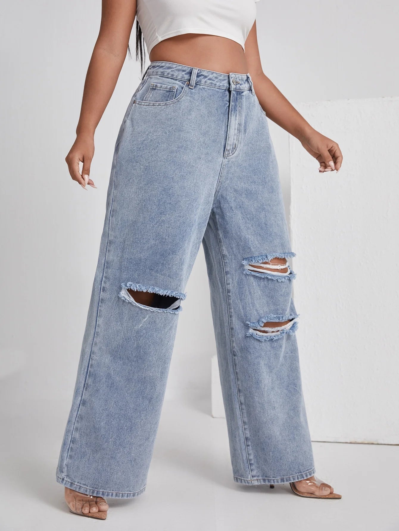 Women's Denim With Hole High Waist Straight-leg Pants