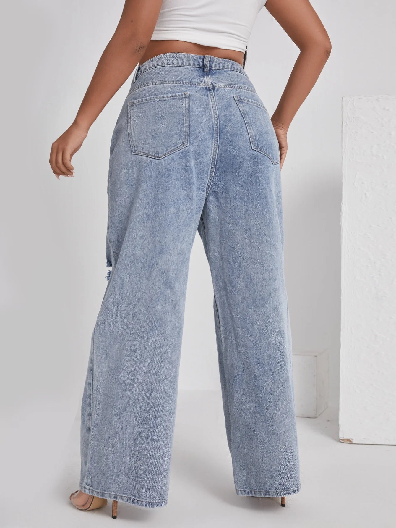 Women's Denim With Hole High Waist Straight-leg Pants