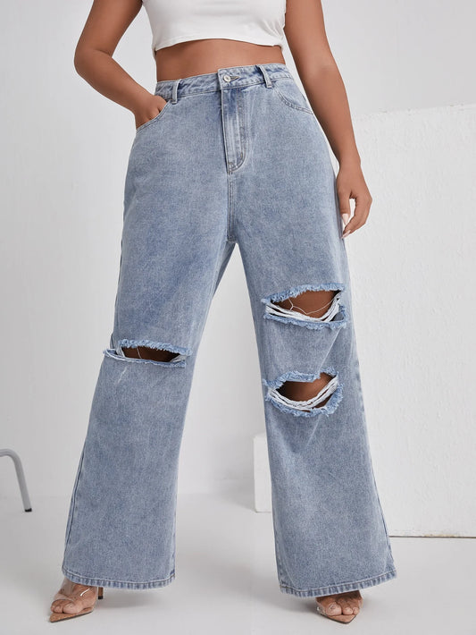 Women's Denim With Hole High Waist Straight-leg Pants