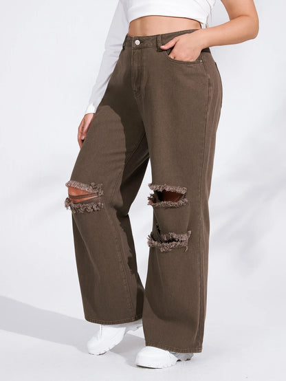 Women's Denim With Hole High Waist Straight-leg Pants