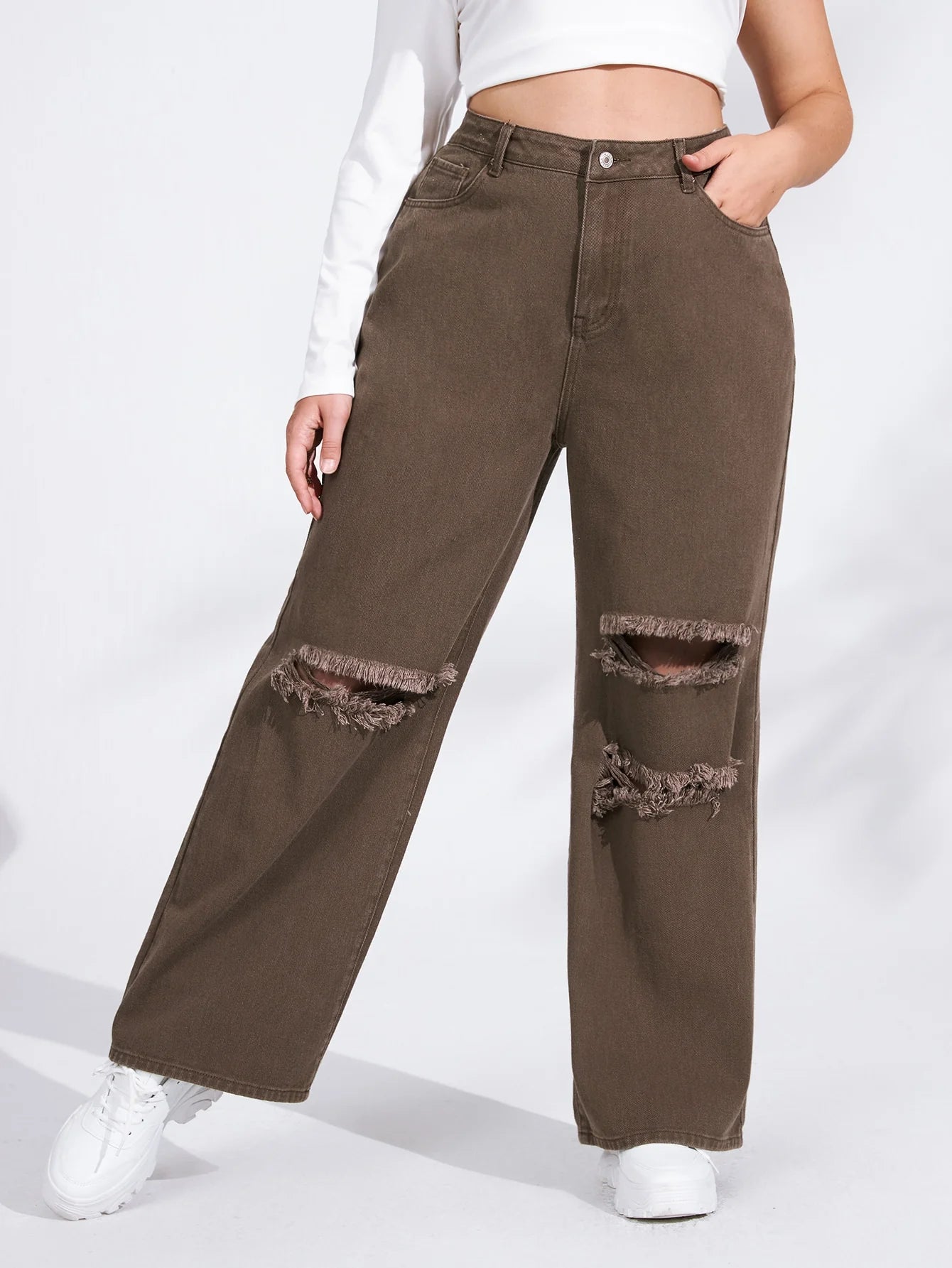 Women's Denim With Hole High Waist Straight-leg Pants