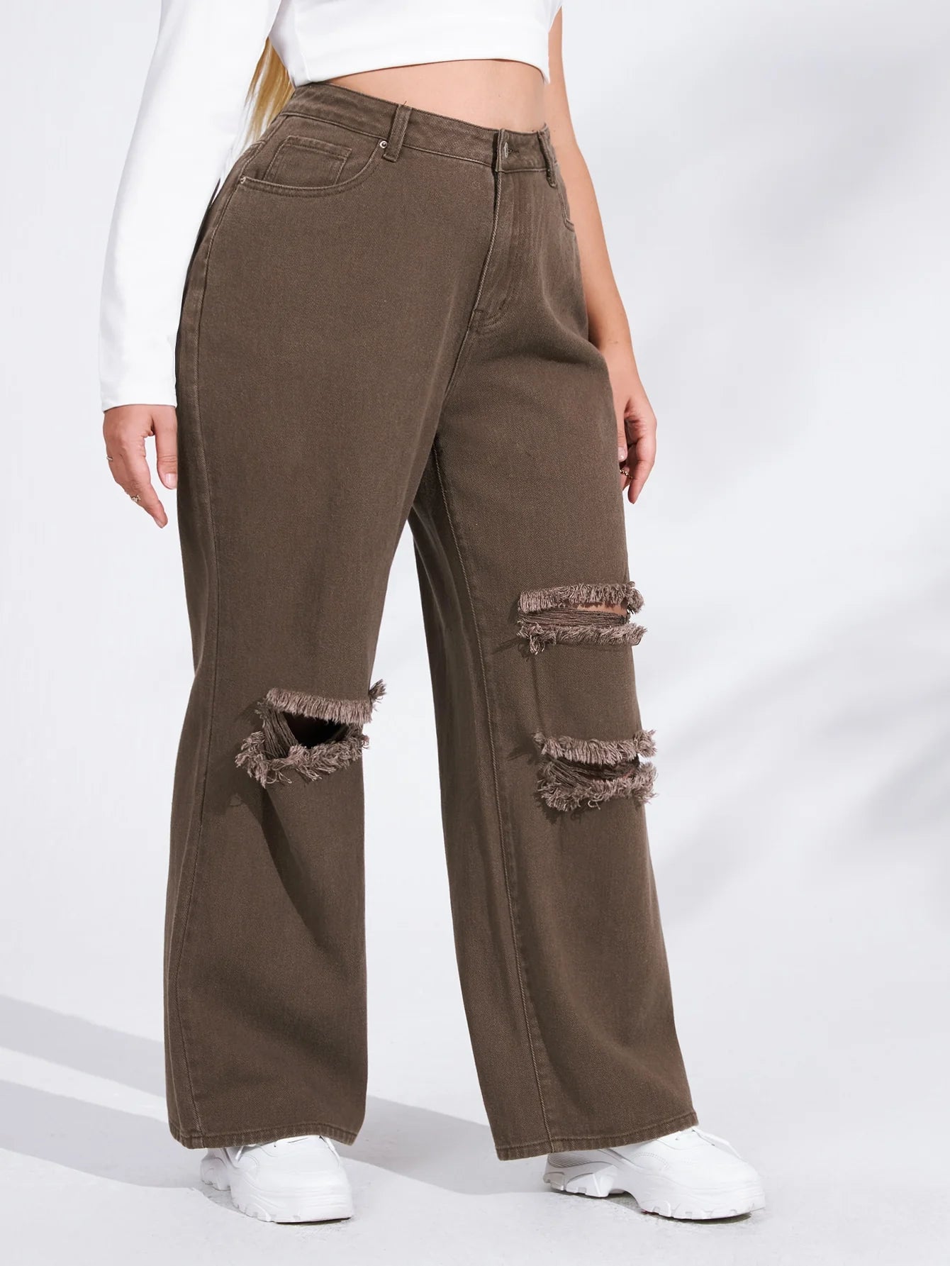 Women's Denim With Hole High Waist Straight-leg Pants