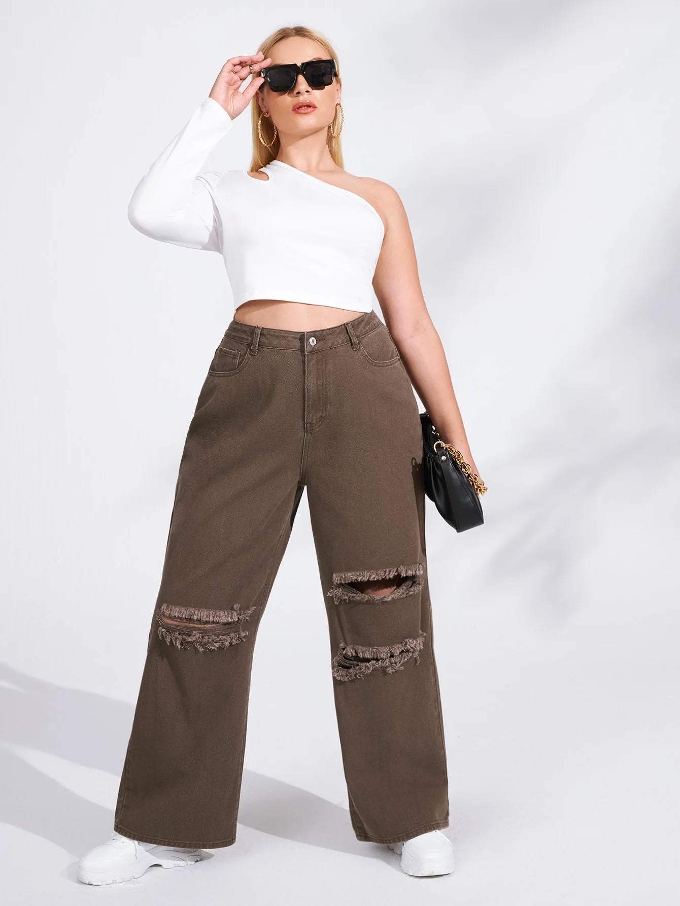 Women's Denim With Hole High Waist Straight-leg Pants