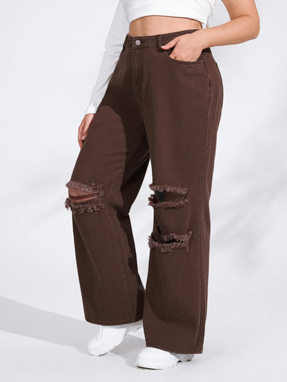 Women's Denim With Hole High Waist Straight-leg Pants