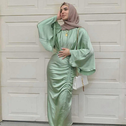 Arabian Ruffle Sleeve Satin Elegant Waist Dress