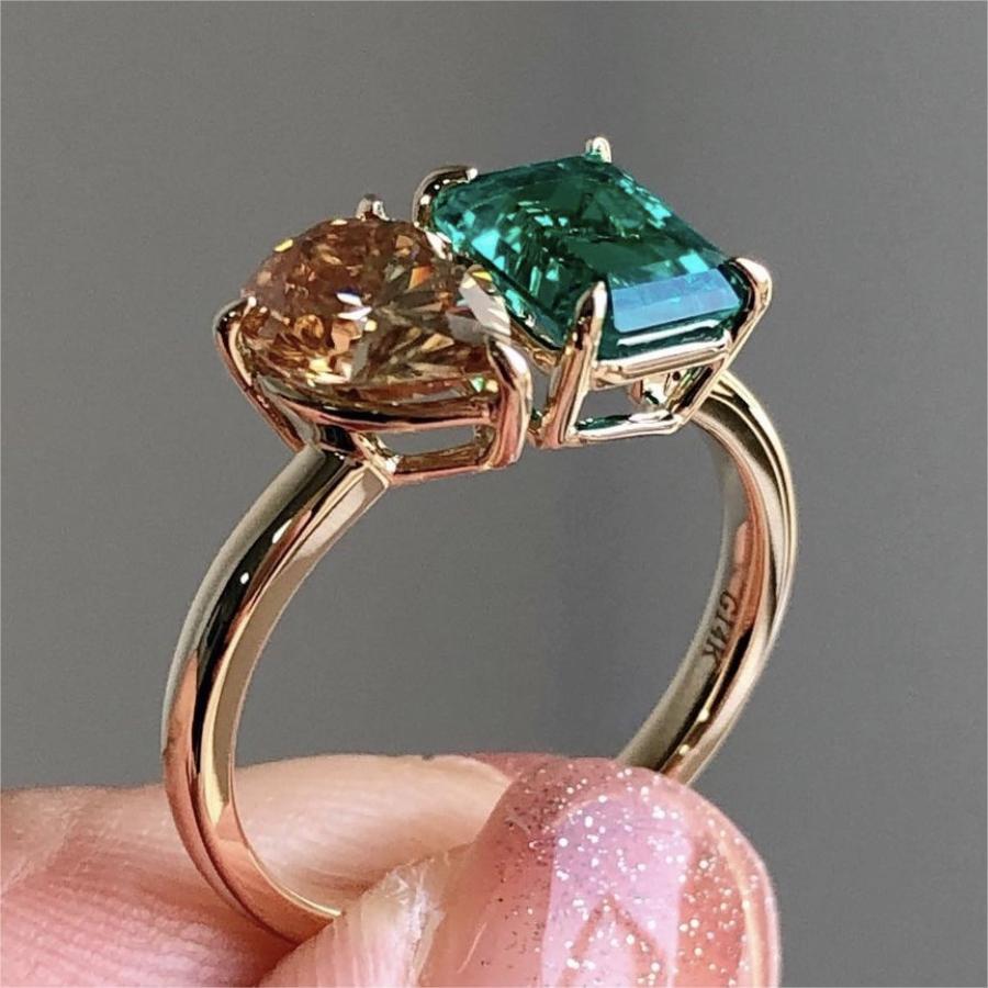 Creative Double Main Stone Lady Green Yellow Zircon Square Stone Ring