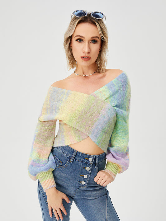 Loose Casual Rainbow Stretch Off Shoulder Top