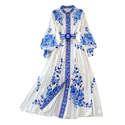 Blue And White Porcelain Printed Standing Neck Single Breasted Dress