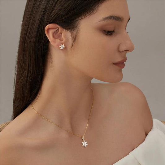 Sterling Silver Crystal Snowflake Ear Stud Necklace Set