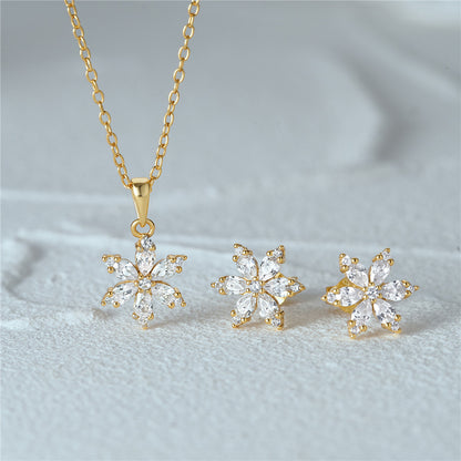 Sterling Silver Crystal Snowflake Ear Stud Necklace Set