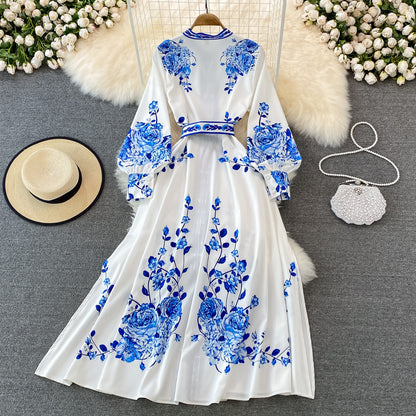 Blue And White Porcelain Printed Standing Neck Single Breasted Dress