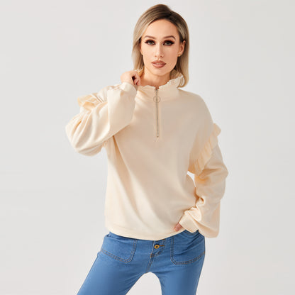 Casual Ruffle Trim Half Zip Sweater