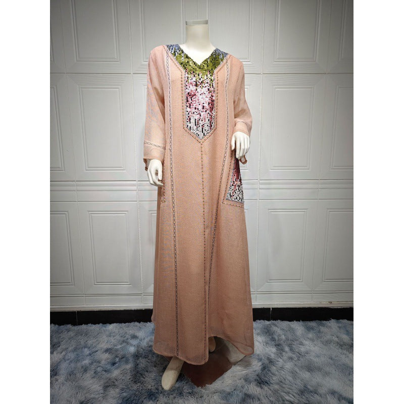 V-neck Sequins Embroidered Loose Dress