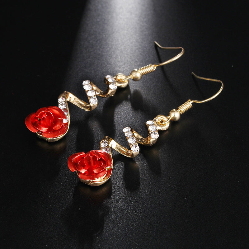 Red Rose Drop Big Rhinestone Earrings