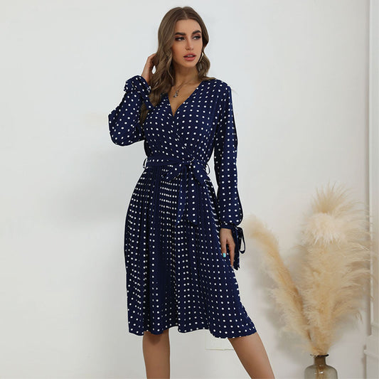 Navy Polka Dress with Smocked Detail