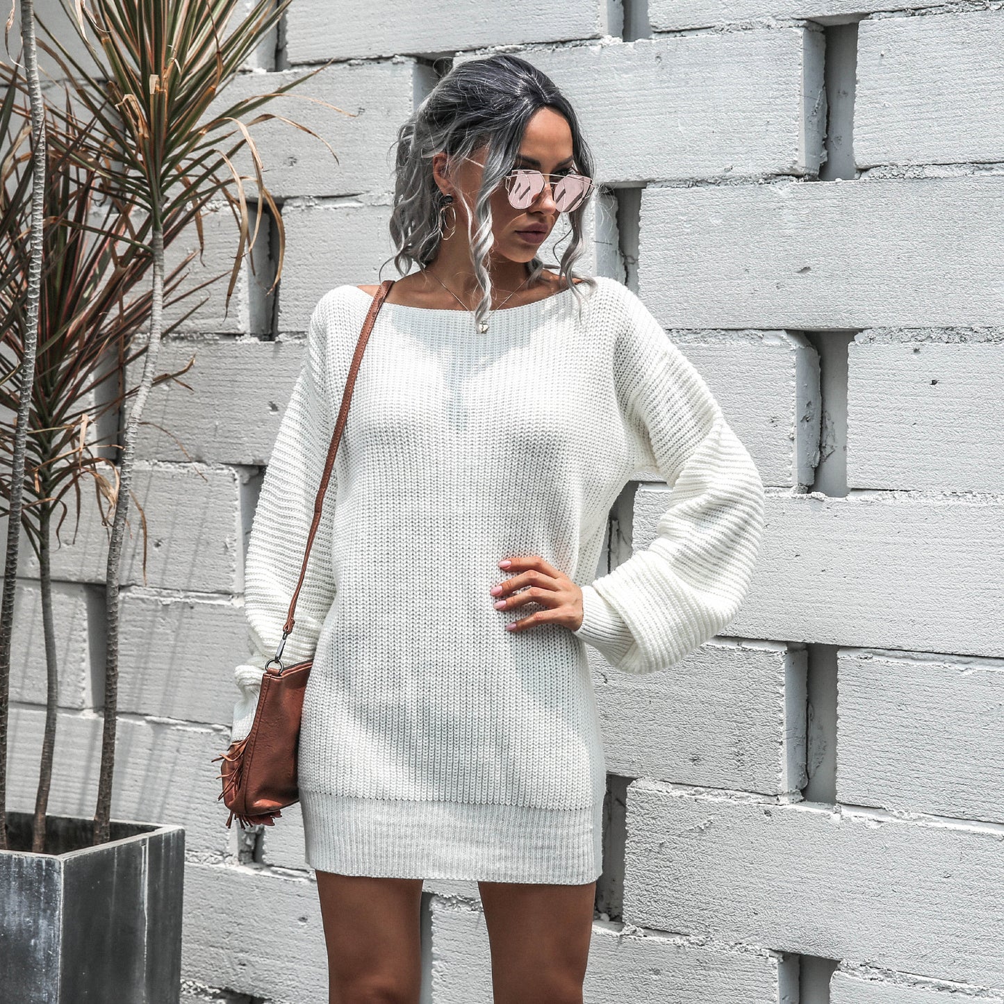 Casual Off Shoulder Lantern Sleeve Knitted Sweater Dress