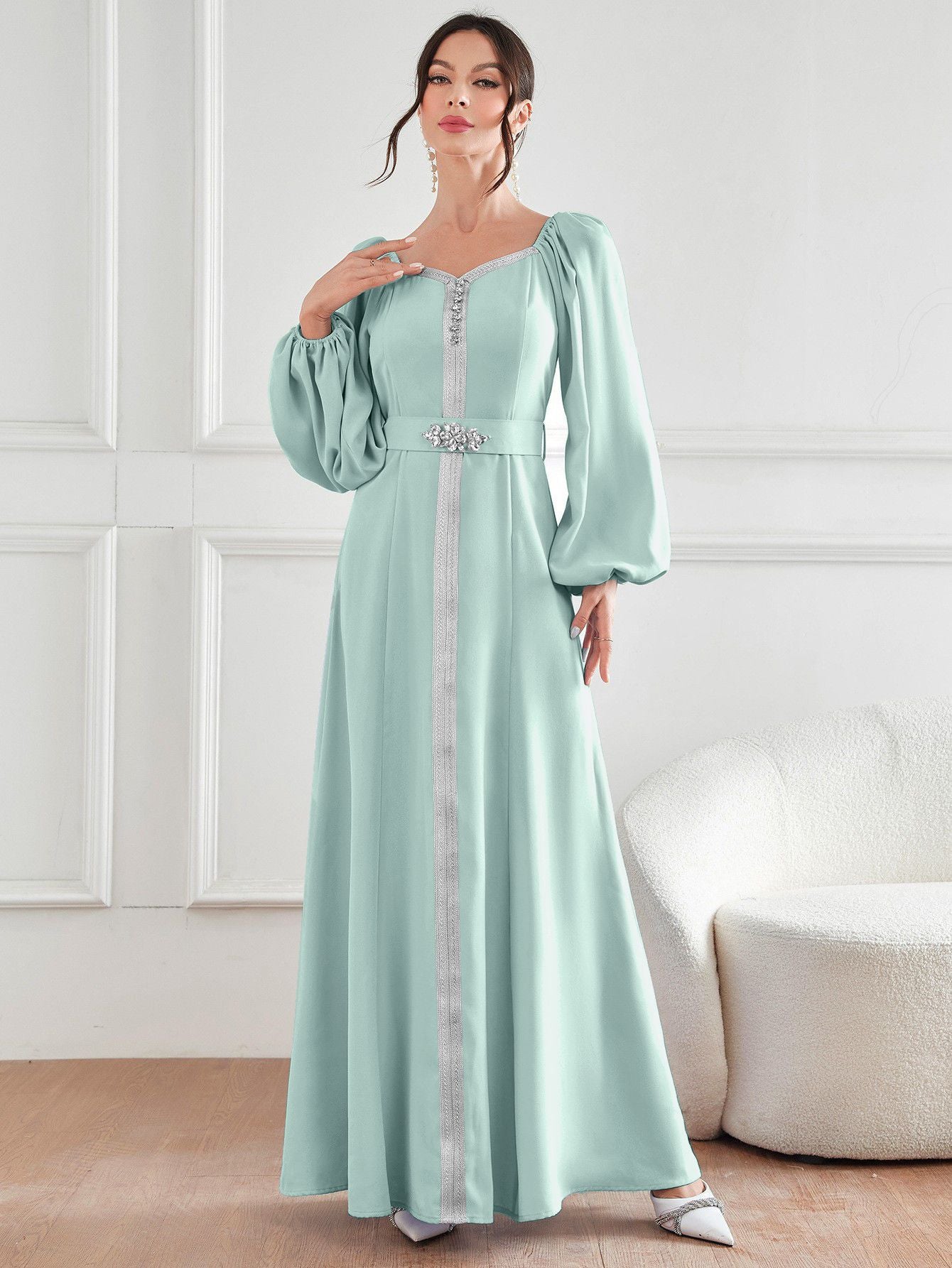 High Waist Rhinestone Dress Robe