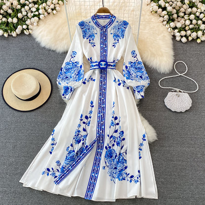 Blue And White Porcelain Printed Standing Neck Single Breasted Dress