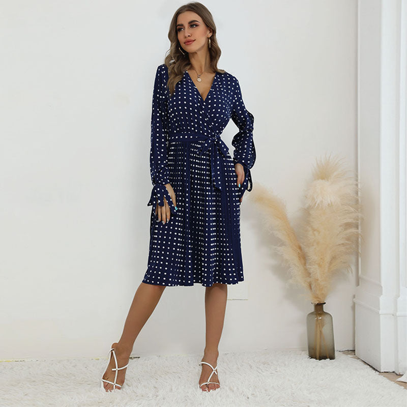 Navy Polka Dress with Smocked Detail