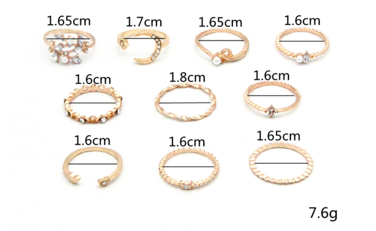 Bohemian Star Moon Love Pearl Leaf 10-Piece Ring set