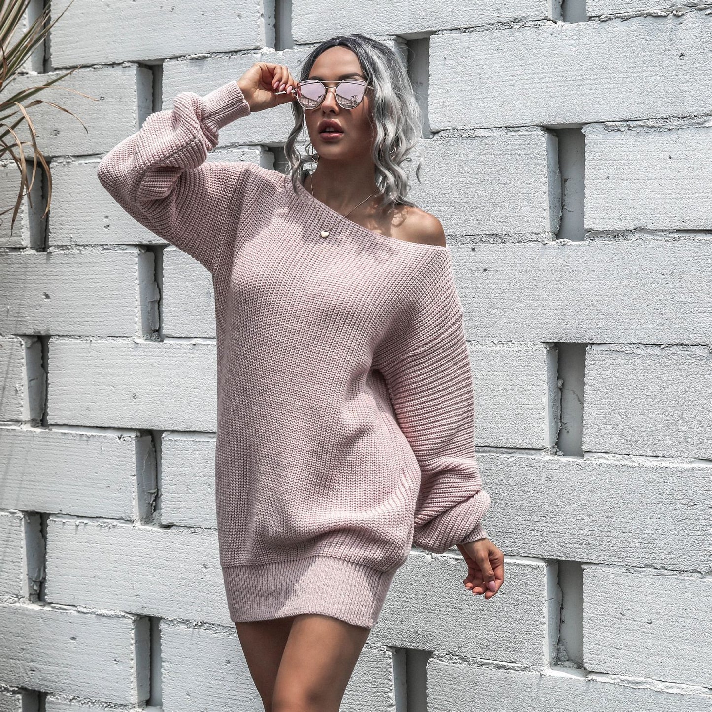 Casual Off Shoulder Lantern Sleeve Knitted Sweater Dress