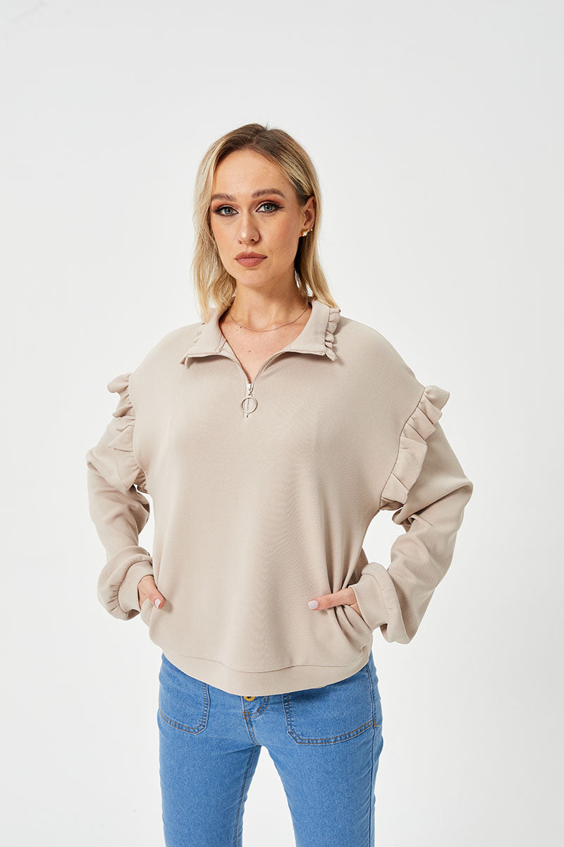 Casual Ruffle Trim Half Zip Sweater