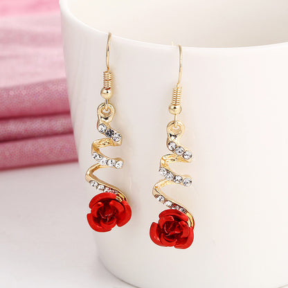 Red Rose Drop Big Rhinestone Earrings