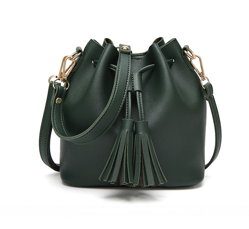 Leather Bucket Tassel Drawstring Shoulder Bag