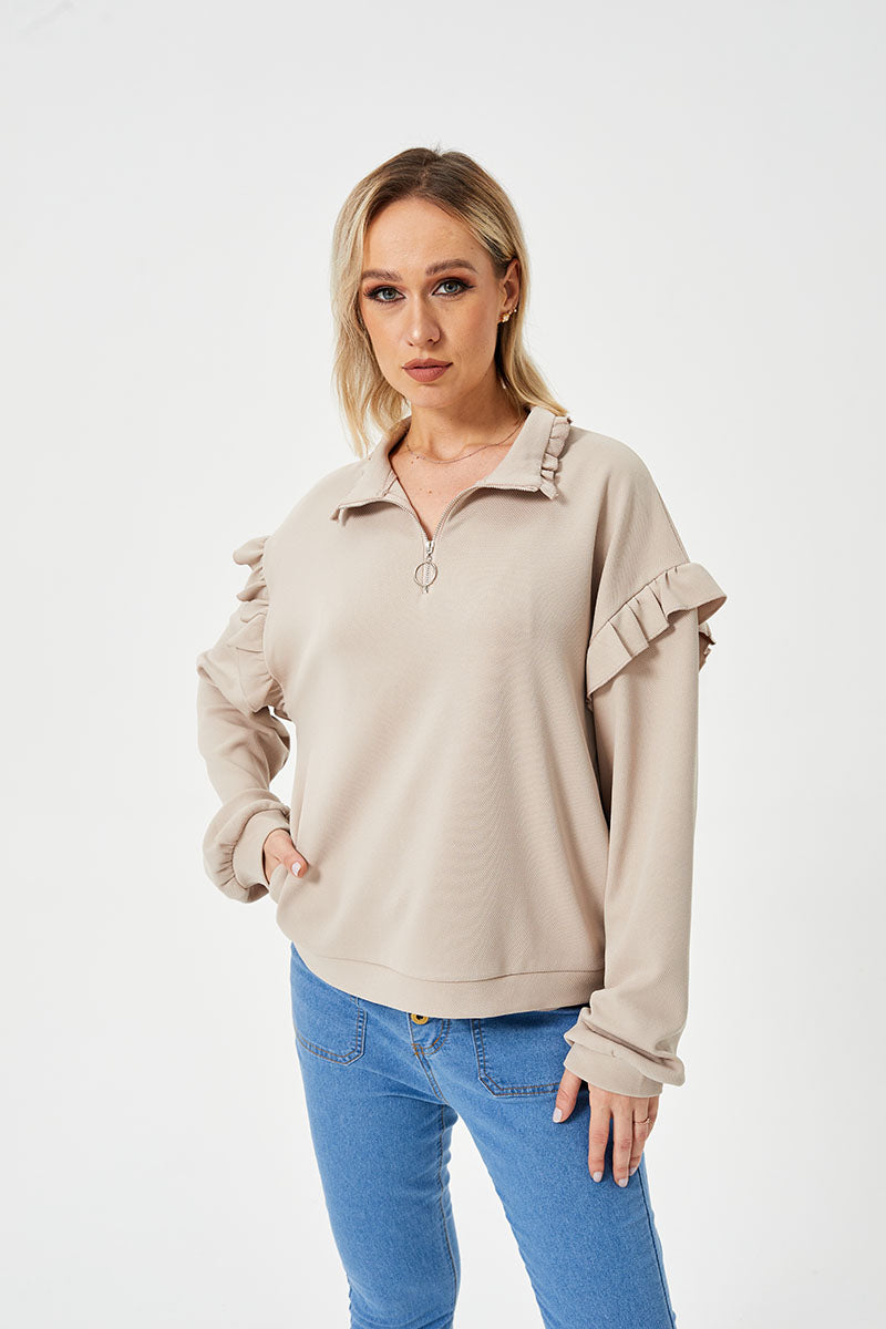 Casual Ruffle Trim Half Zip Sweater