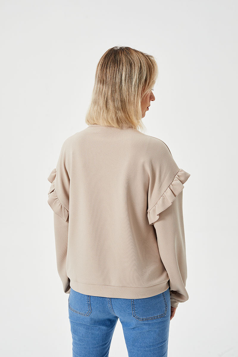 Casual Ruffle Trim Half Zip Sweater