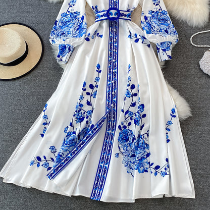 Blue And White Porcelain Printed Standing Neck Single Breasted Dress