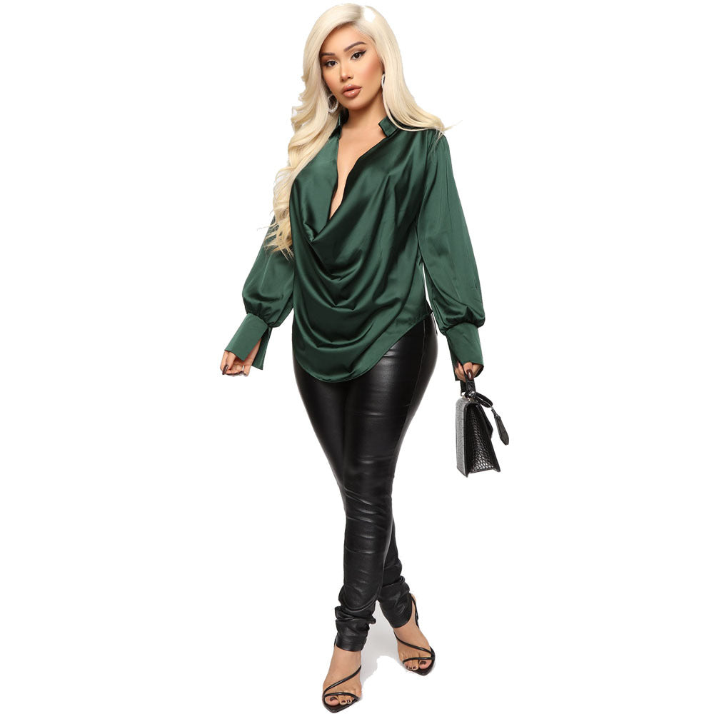 Temperament Long-sleeved Deep V-neck Satin All-match Top