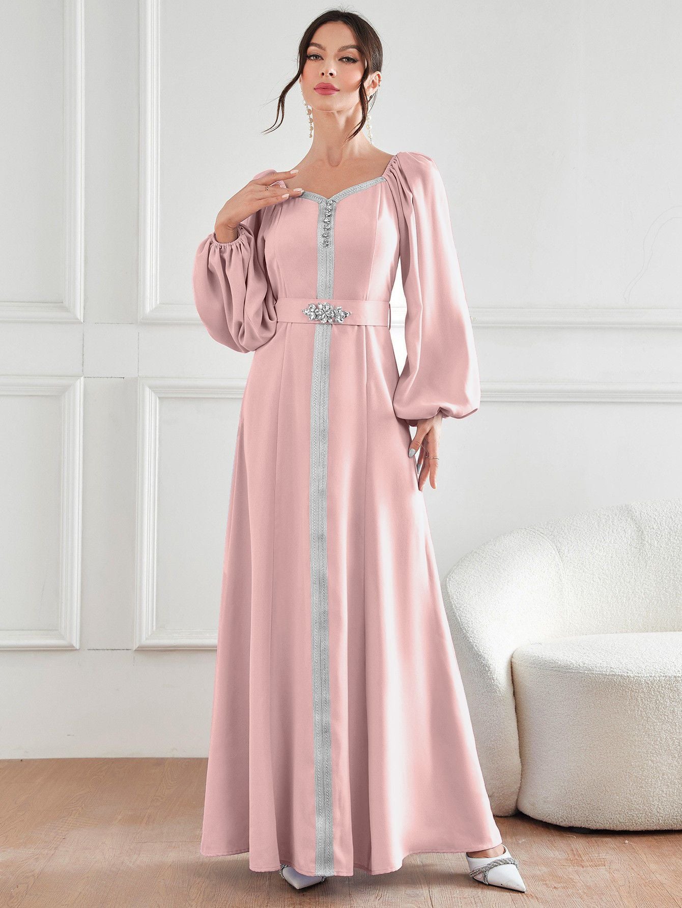 High Waist Rhinestone Dress Robe