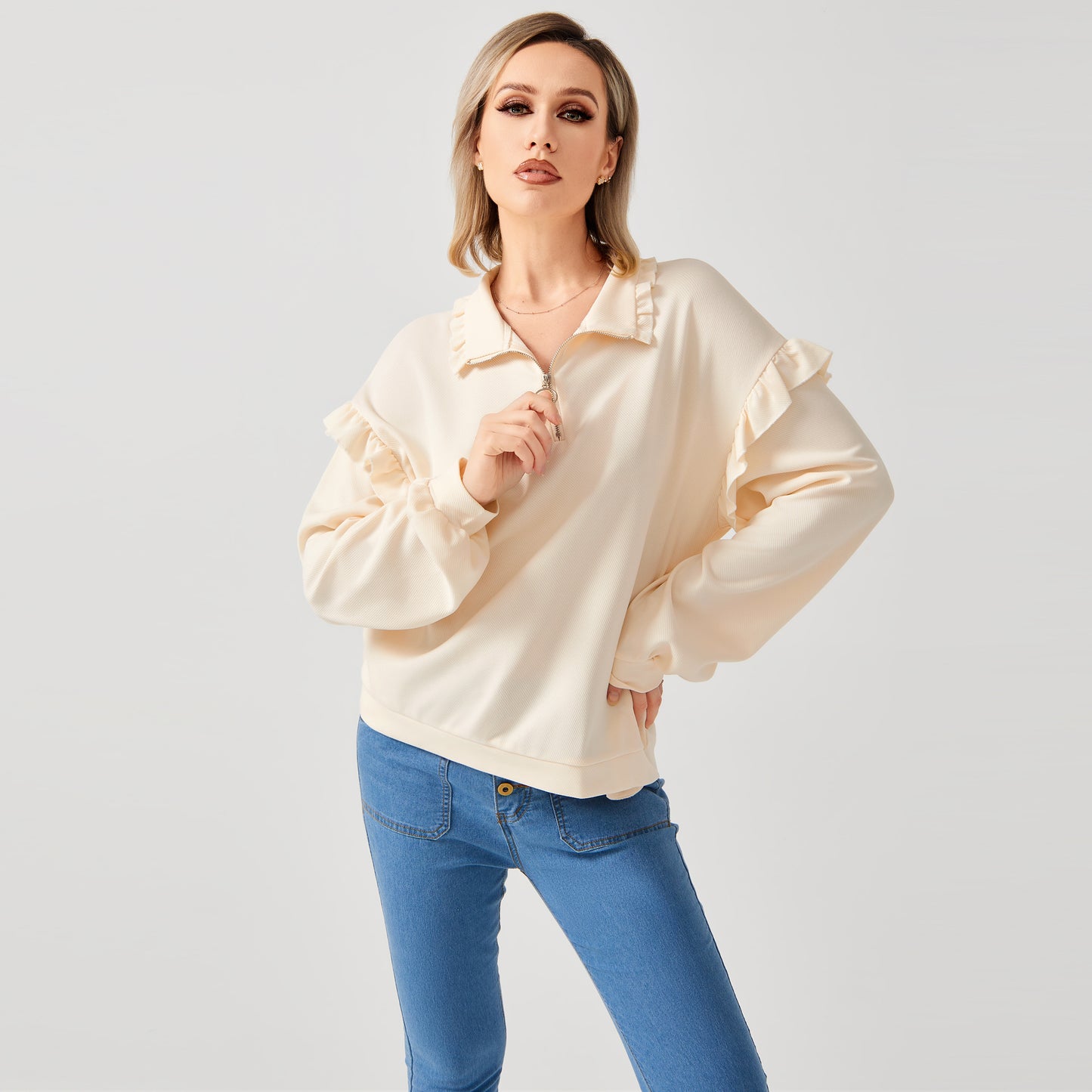 Casual Ruffle Trim Half Zip Sweater