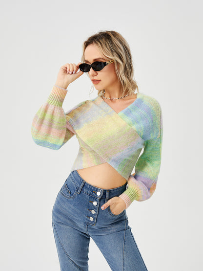 Loose Casual Rainbow Stretch Off Shoulder Top