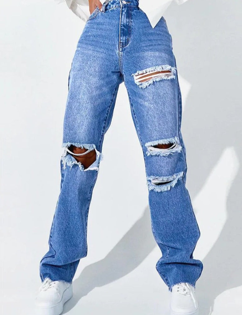 High Waist Straight Ripped Jeans