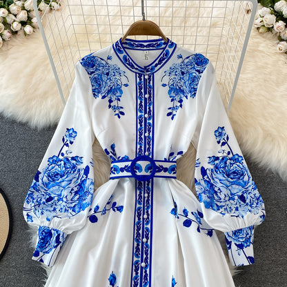 Blue And White Porcelain Printed Standing Neck Single Breasted Dress