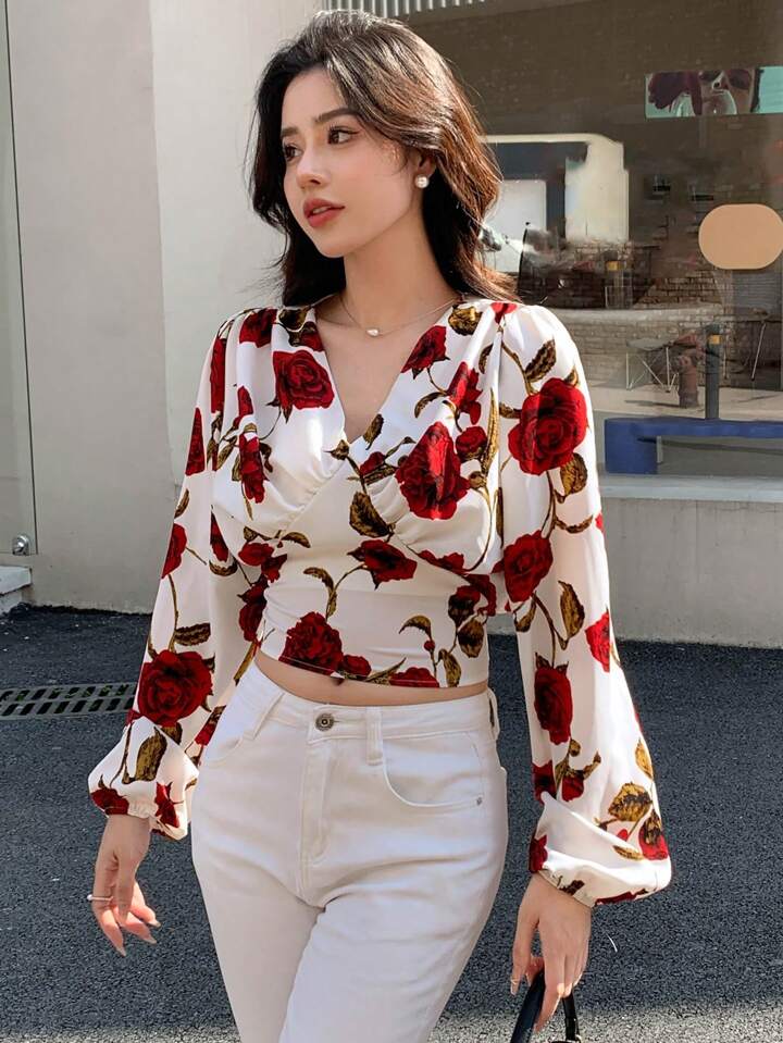 Rose Printed Square Collar Shirt For Women