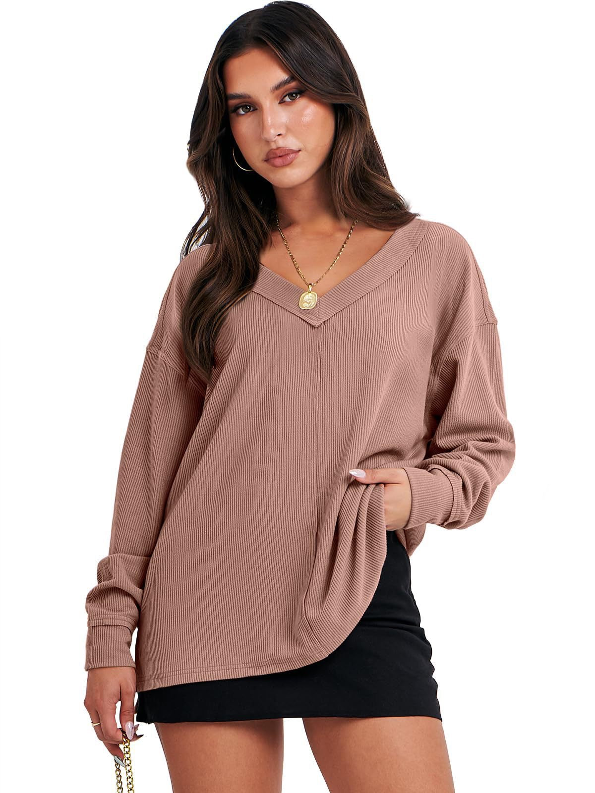 V-neck Casual Long Sleeve Ribbed Knit Side Slit Pullover Sweater