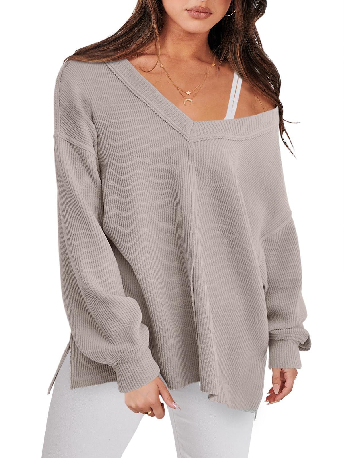 V-neck Casual Long Sleeve Ribbed Knit Side Slit Pullover Sweater