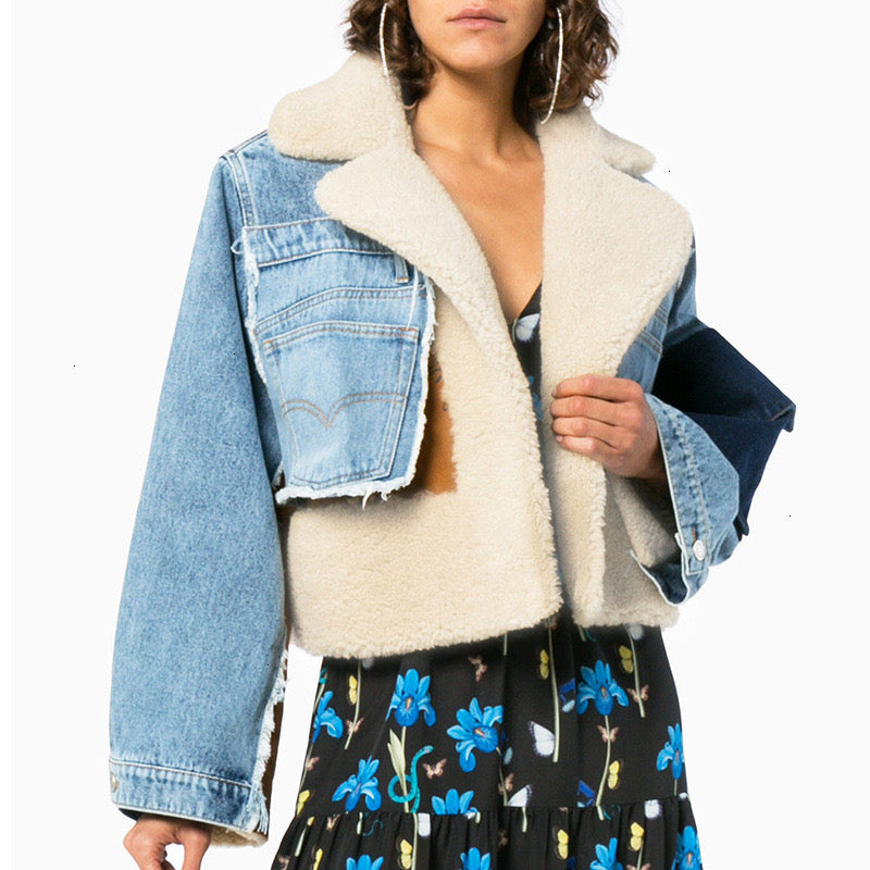 Plush denim stitching biker jacket